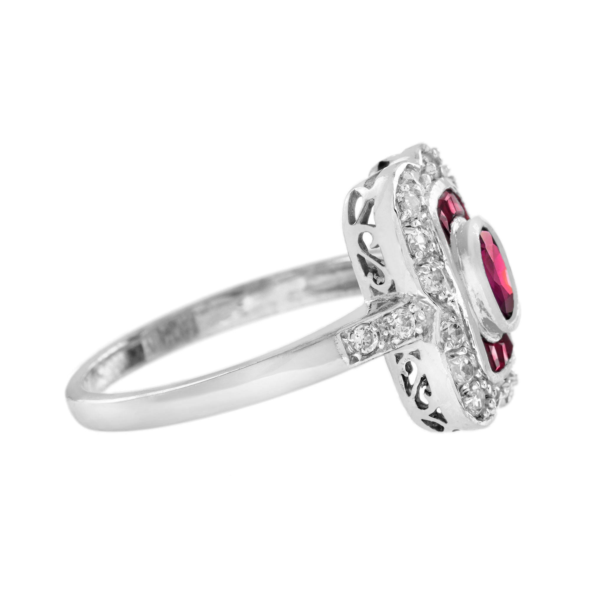 Oval Ruby & Diamond Vintage Inspired Style Statement 14K White Gold Ring