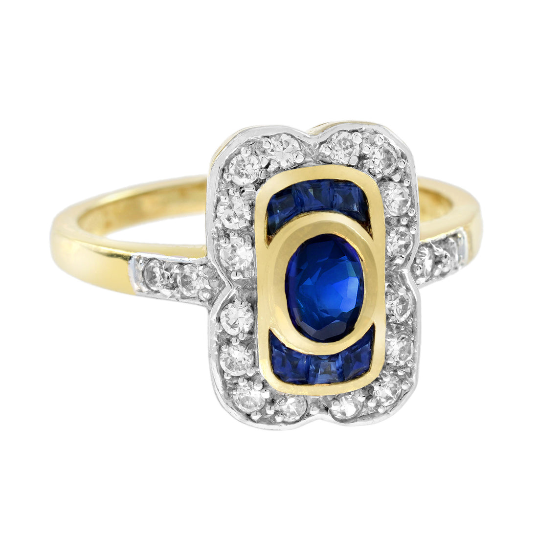 Oval Blue Sapphire & Diamond Art Deco Style Engagement 14K Yellow Gold Ring