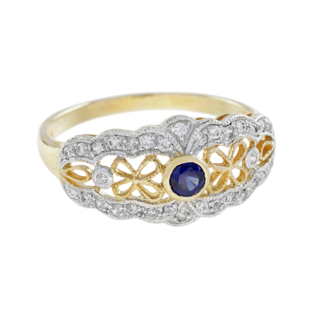 Blue Sapphire & Diamond Vintage Style Filigree 14K Yellow Gold Ring