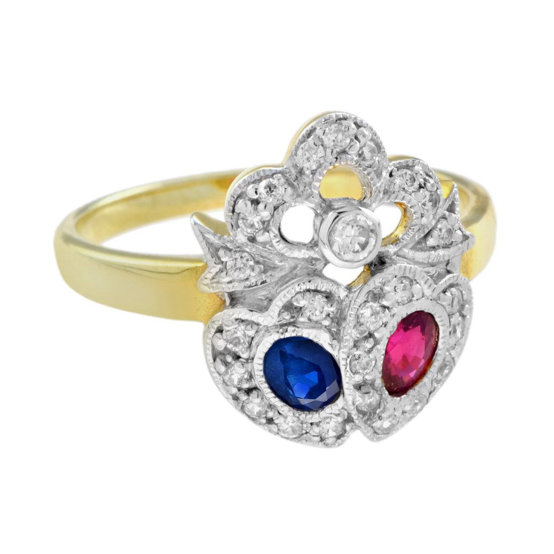 Blue Sapphire Red Ruby Diamond Double Heart Vintage Style Crown Gold Ring