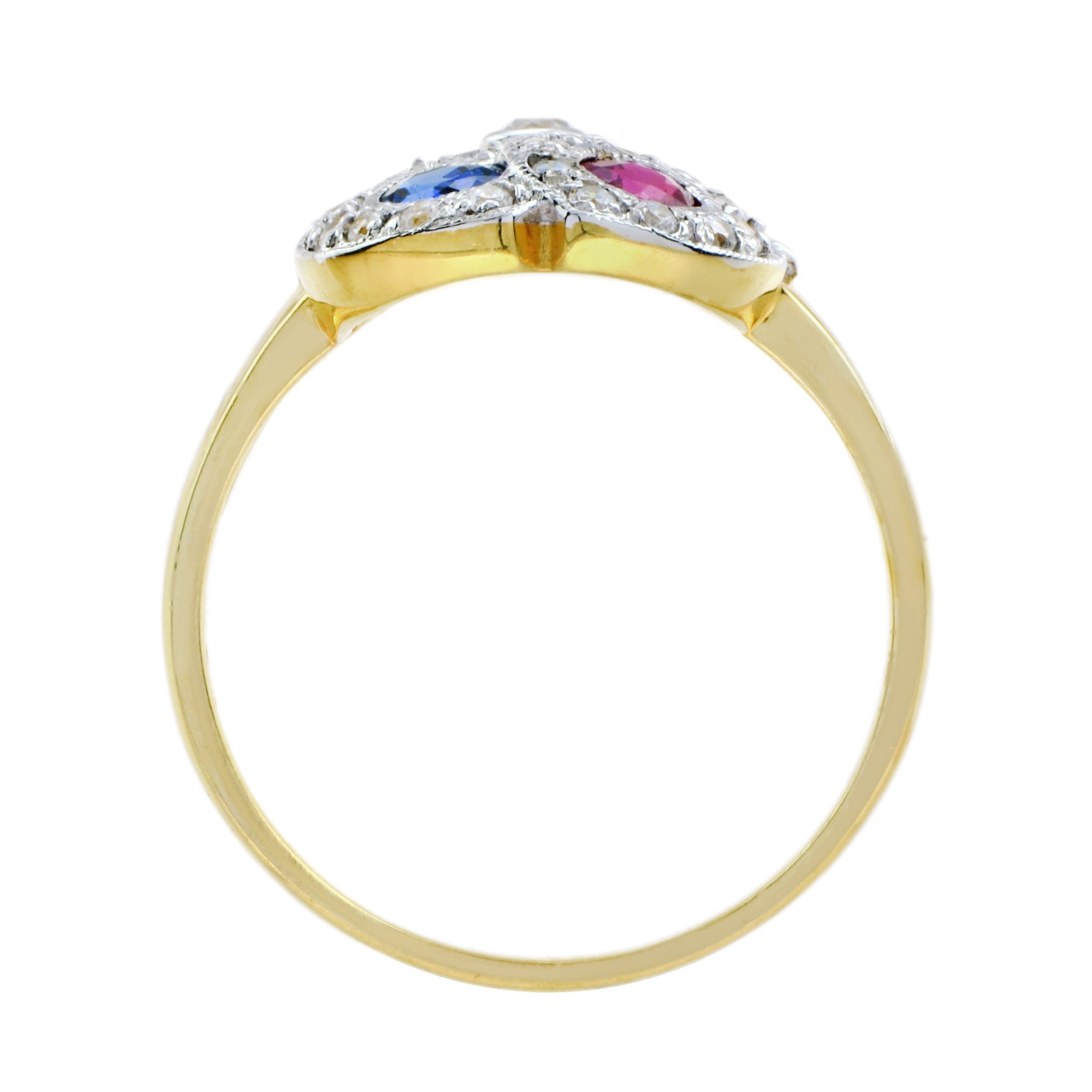 Blue Sapphire Red Ruby Diamond Double Heart Vintage Style Crown Gold Ring