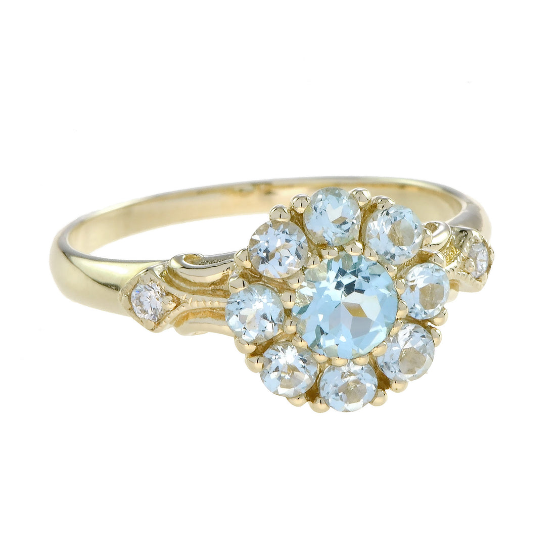 Blue Topaz & Diamond Vintage Style Floral Cluster 14K Yellow Gold Ring