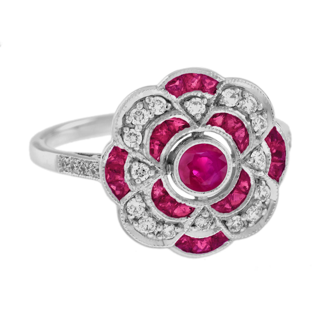 Red Pink Ruby & Diamond Art Deco Style Floral Cluster 14K White Gold Ring