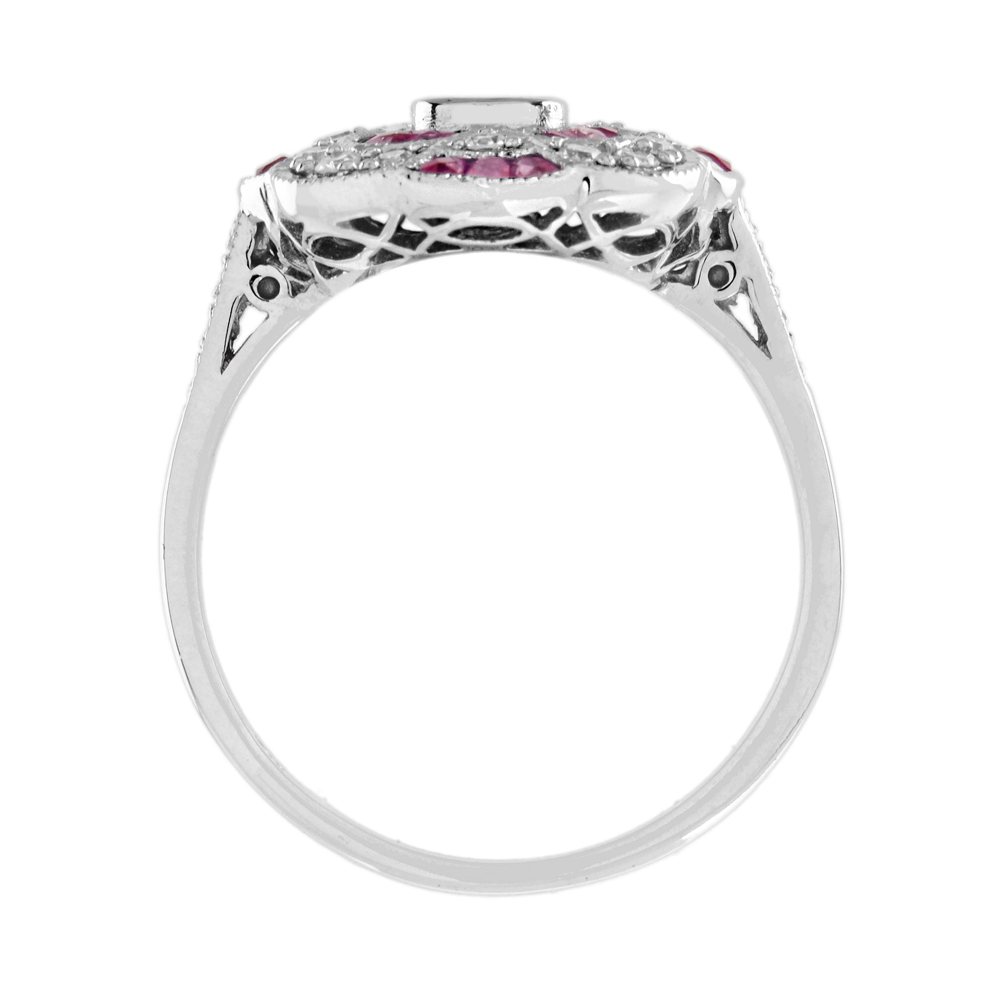 Red Pink Ruby & Diamond Art Deco Style Floral Cluster 14K White Gold Ring