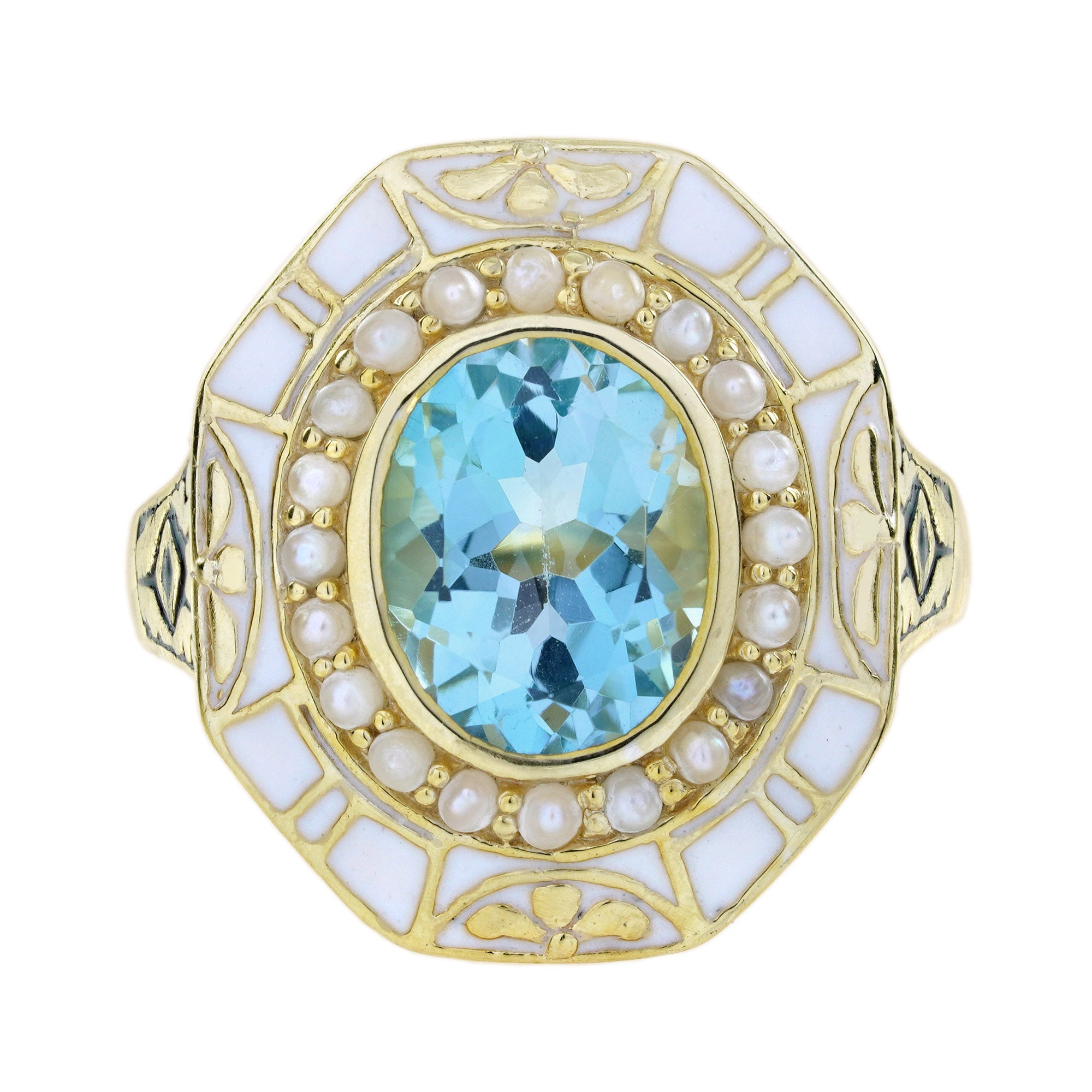 Oval Shape Blue Topaz & Pearl White Enamel Antique Style Yellow Gold Ring