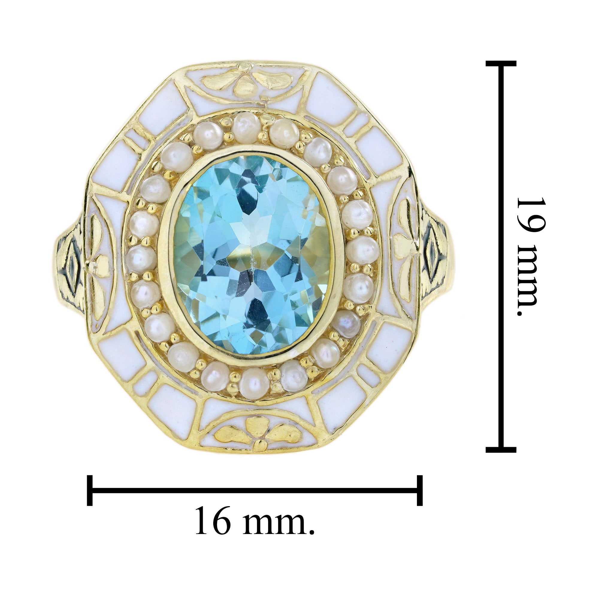 Oval Shape Blue Topaz & Pearl White Enamel Antique Style Yellow Gold Ring