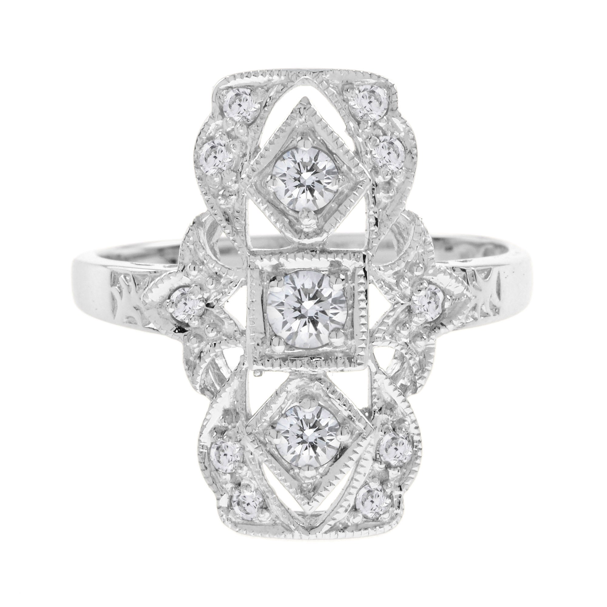 Art Deco Style Three Stone Diamond Filigree 14K White Gold Ring