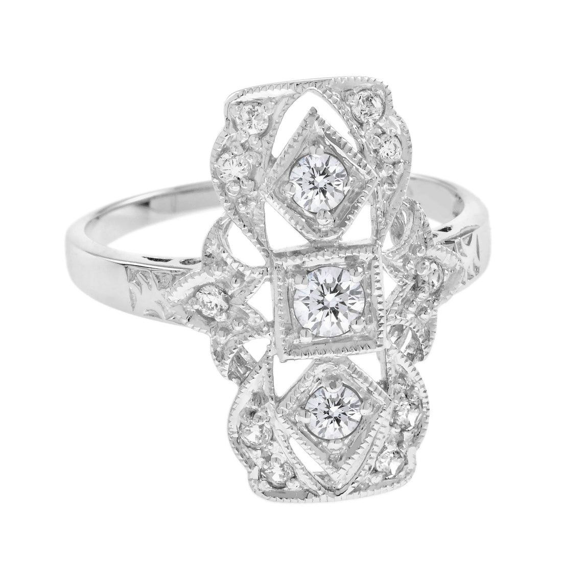 Art Deco Style Three Stone Diamond Filigree 14K White Gold Ring