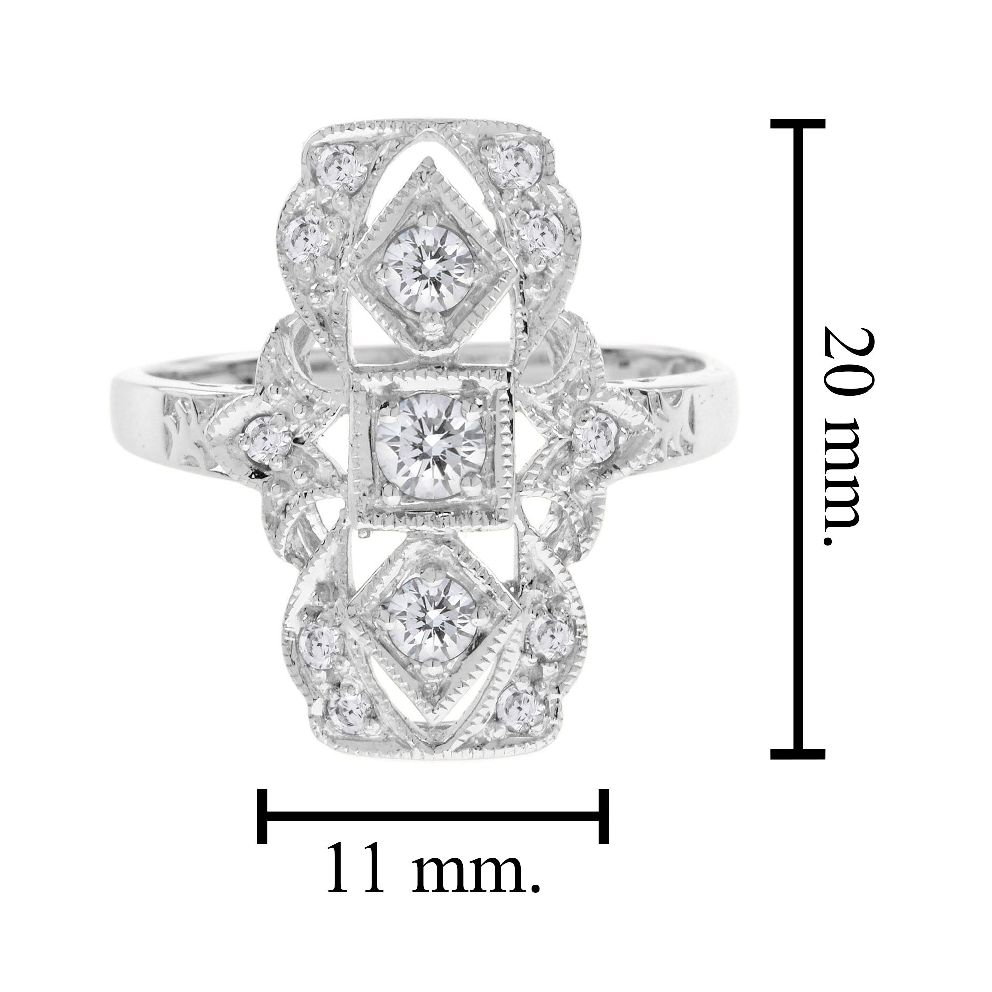 Art Deco Style Three Stone Diamond Filigree 14K White Gold Ring