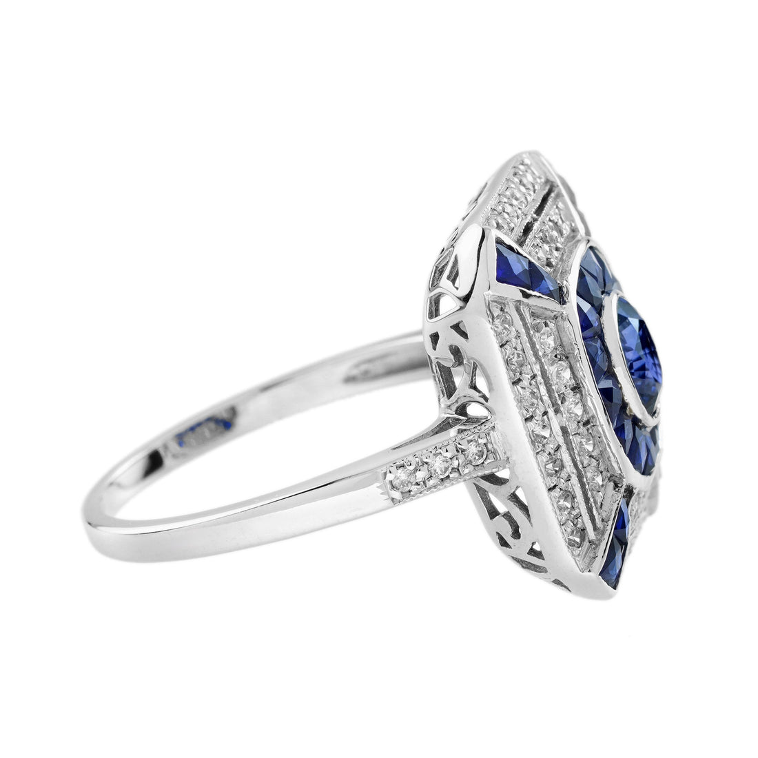 Oval Shape Blue Sapphire & Diamond Art Deco Style Halo 14K White Gold Ring