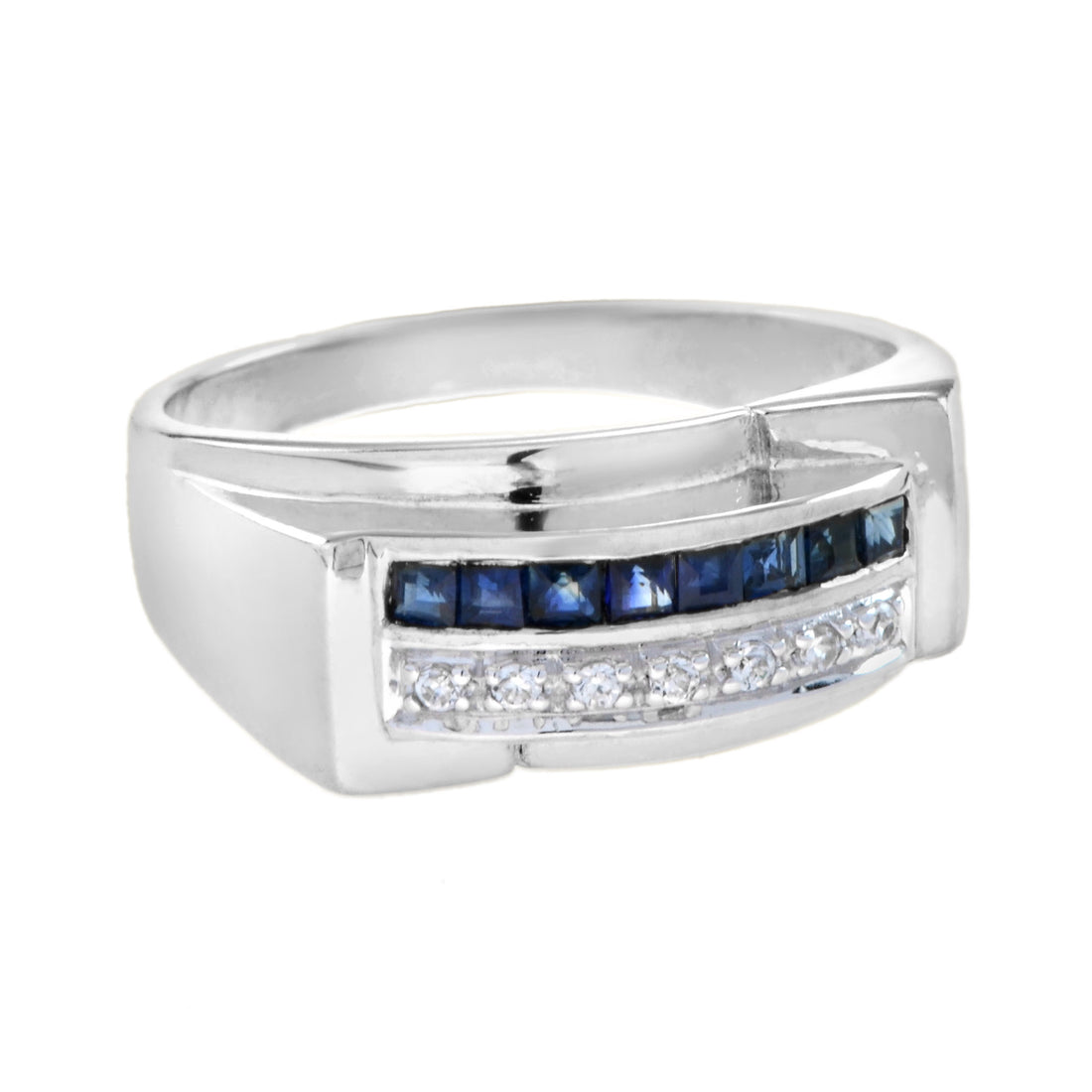 Art Deco Style Square Cut Blue Sapphire & Diamond 14K White Gold Mens Ring