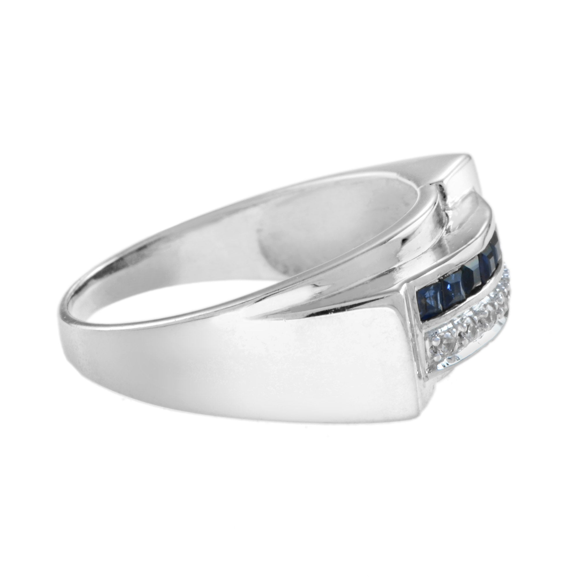 Art Deco Style Square Cut Blue Sapphire & Diamond 14K White Gold Mens Ring