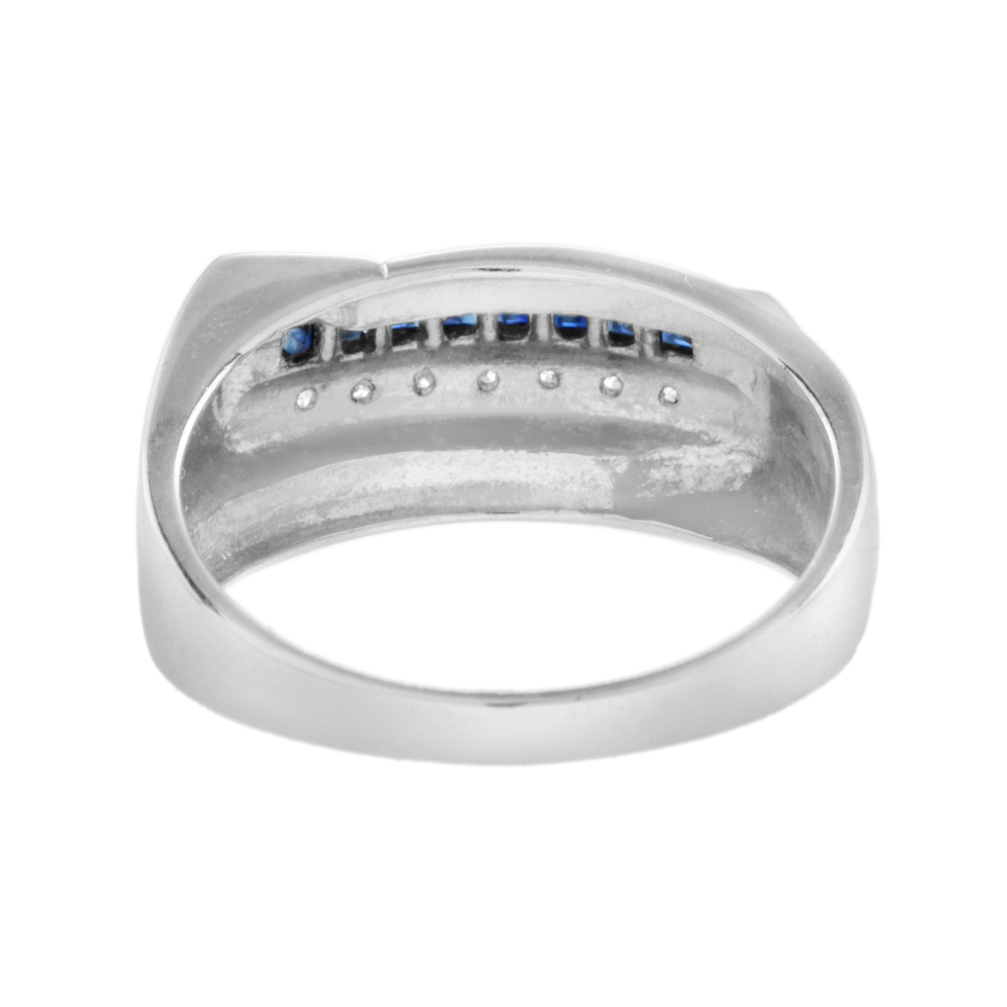 Art Deco Style Square Cut Blue Sapphire & Diamond 14K White Gold Mens Ring