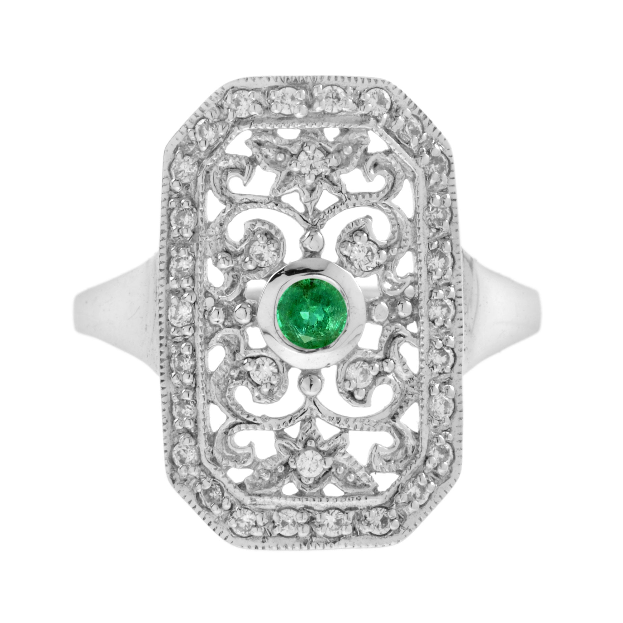 Green Emerald & Diamond Vintage Style Filigree 14K White Gold Shield Ring