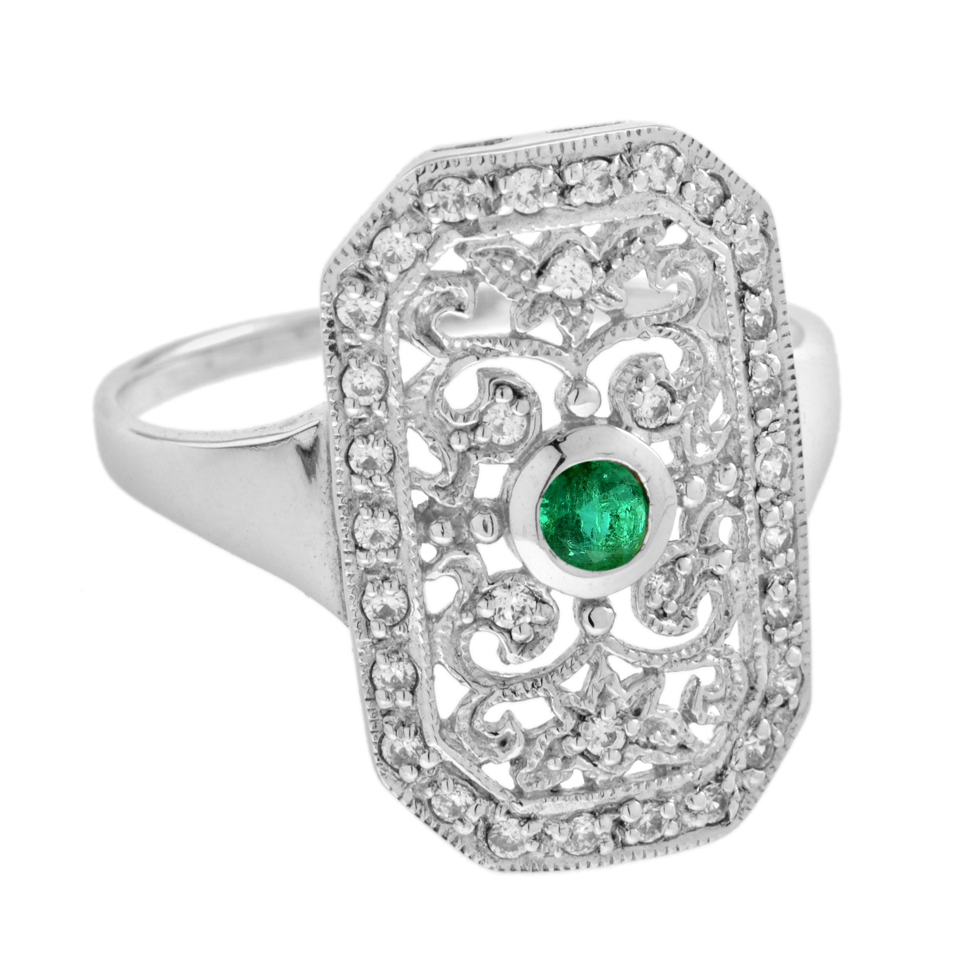 Green Emerald & Diamond Vintage Style Filigree 14K White Gold Shield Ring