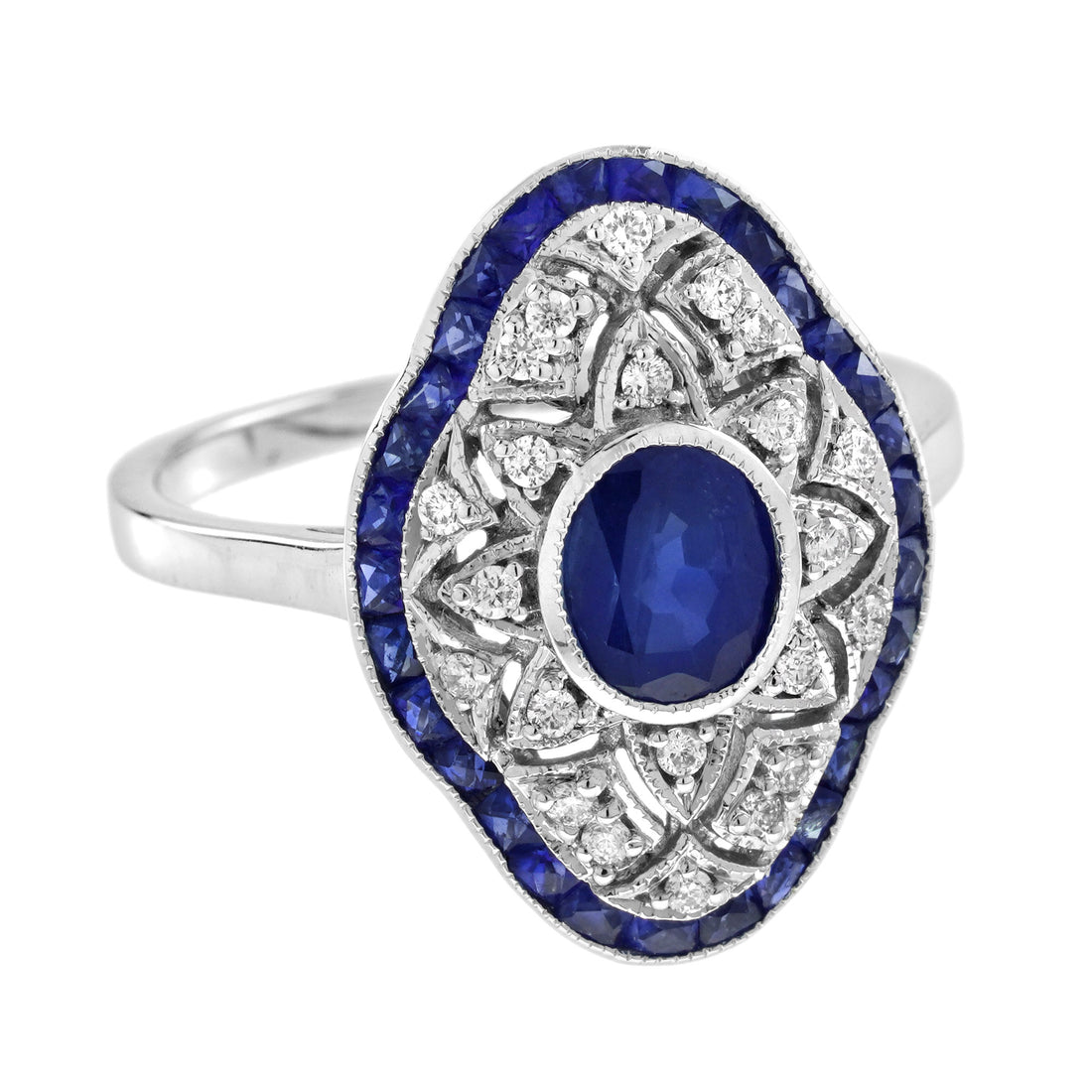 Blue Sapphire Diamond Edwardian Style Openwork Art Deco Inspired White Gold Ring