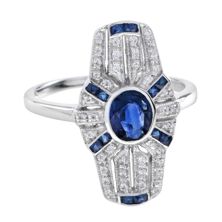 Shield Art Deco Style Inspired Blue Sapphire & Diamond Platinum Ring