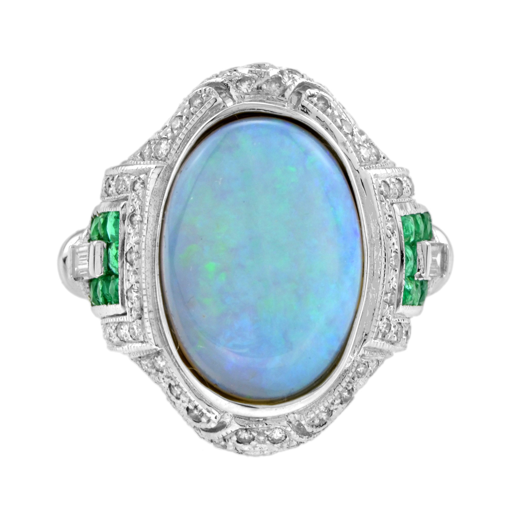 Oval Shape Blue Opal & Emerald Diamond Antique Style Cocktail White Gold Ring