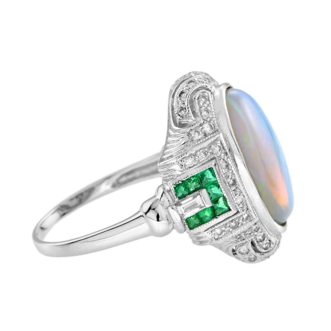 Oval Shape Blue Opal & Emerald Diamond Antique Style Cocktail White Gold Ring