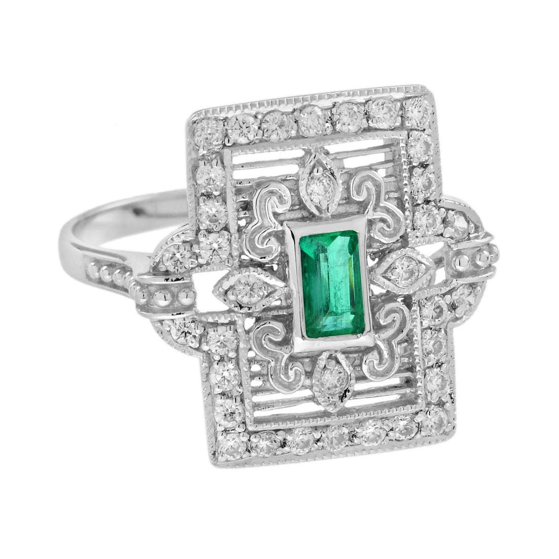 Emerald Diamond Rectangle Door Shape Scrollwork Edwardian Style White Gold Ring