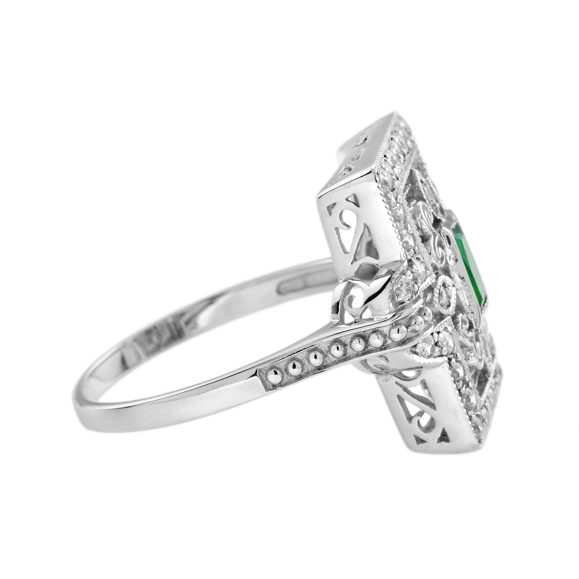 Emerald Diamond Rectangle Door Shape Scrollwork Edwardian Style White Gold Ring