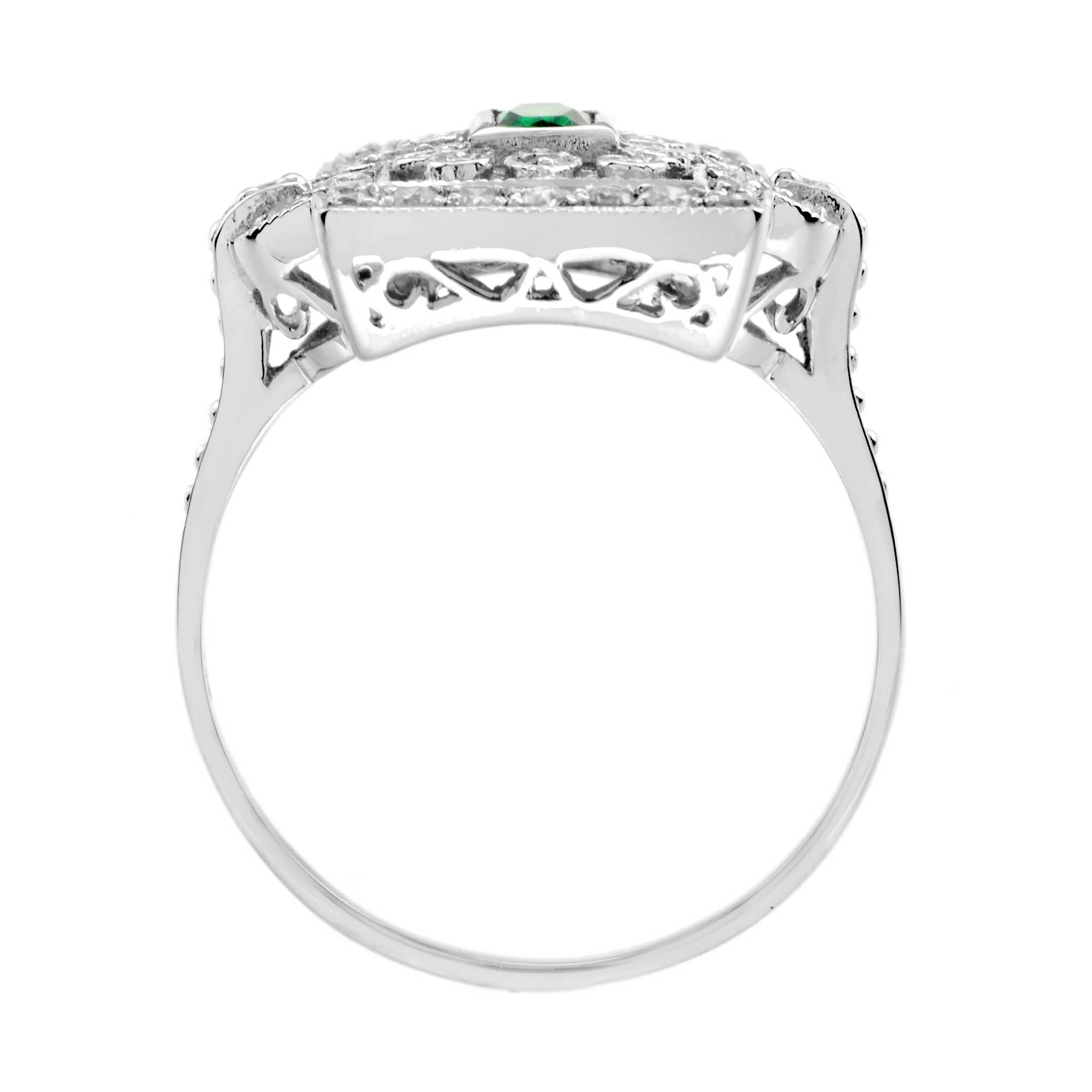 Emerald Diamond Rectangle Door Shape Scrollwork Edwardian Style White Gold Ring
