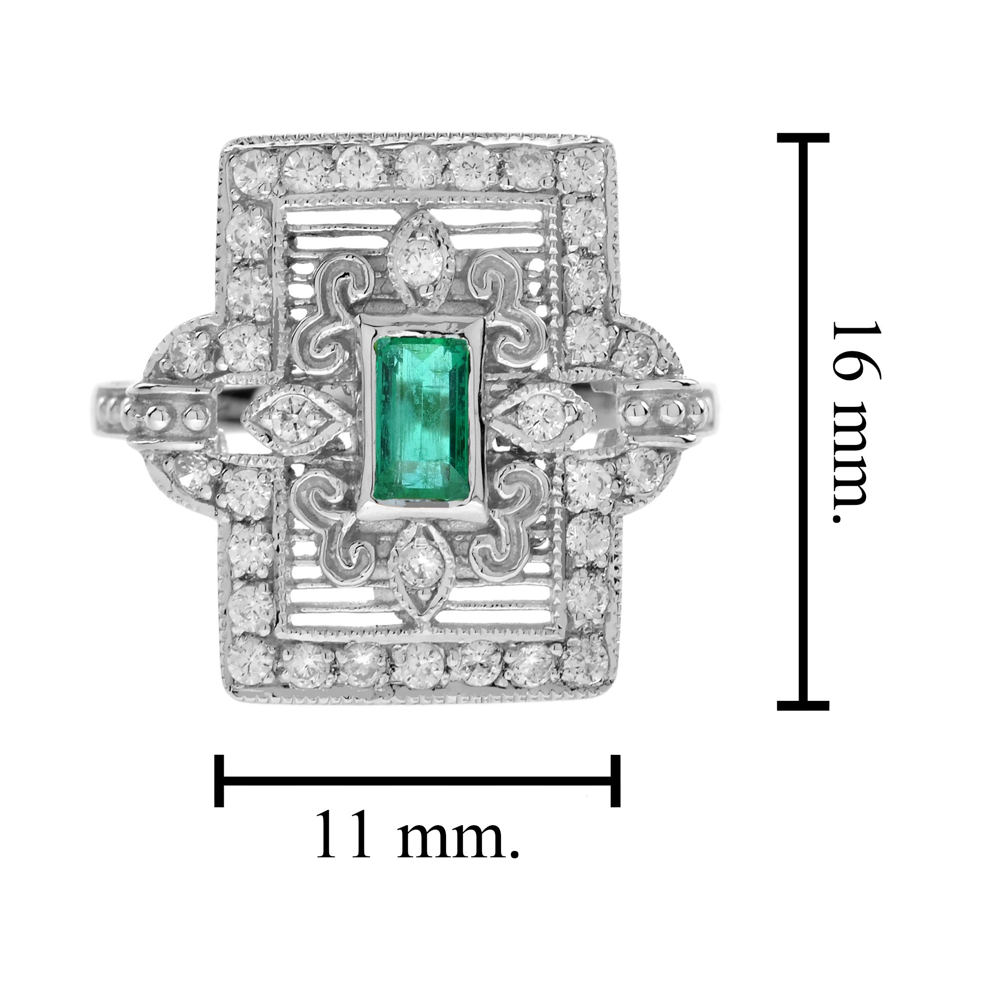Emerald Diamond Rectangle Door Shape Scrollwork Edwardian Style White Gold Ring