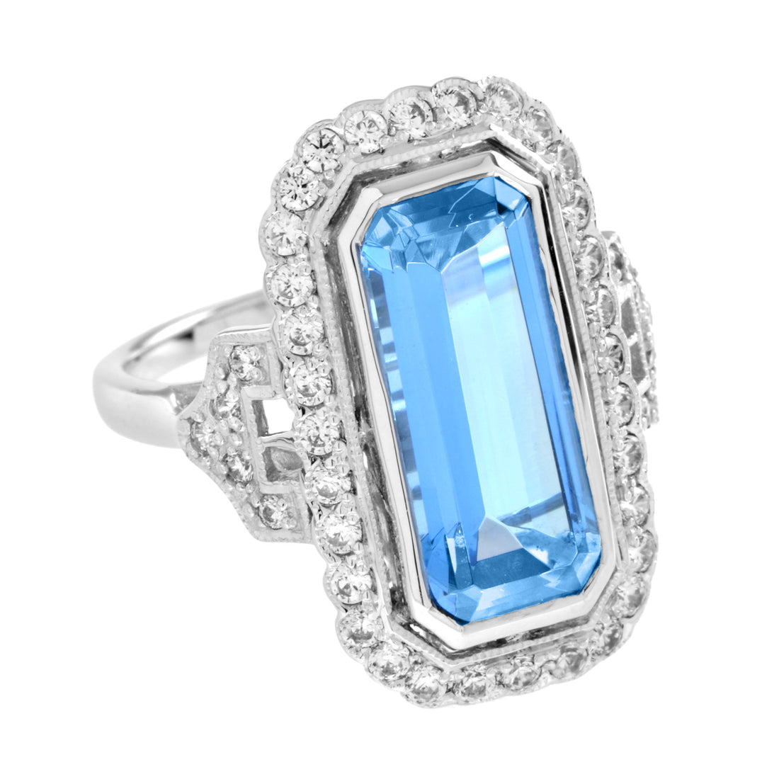 Elongated Emerald Cut Blue Topaz & Diamond Halo Set 14K White Gold Ring