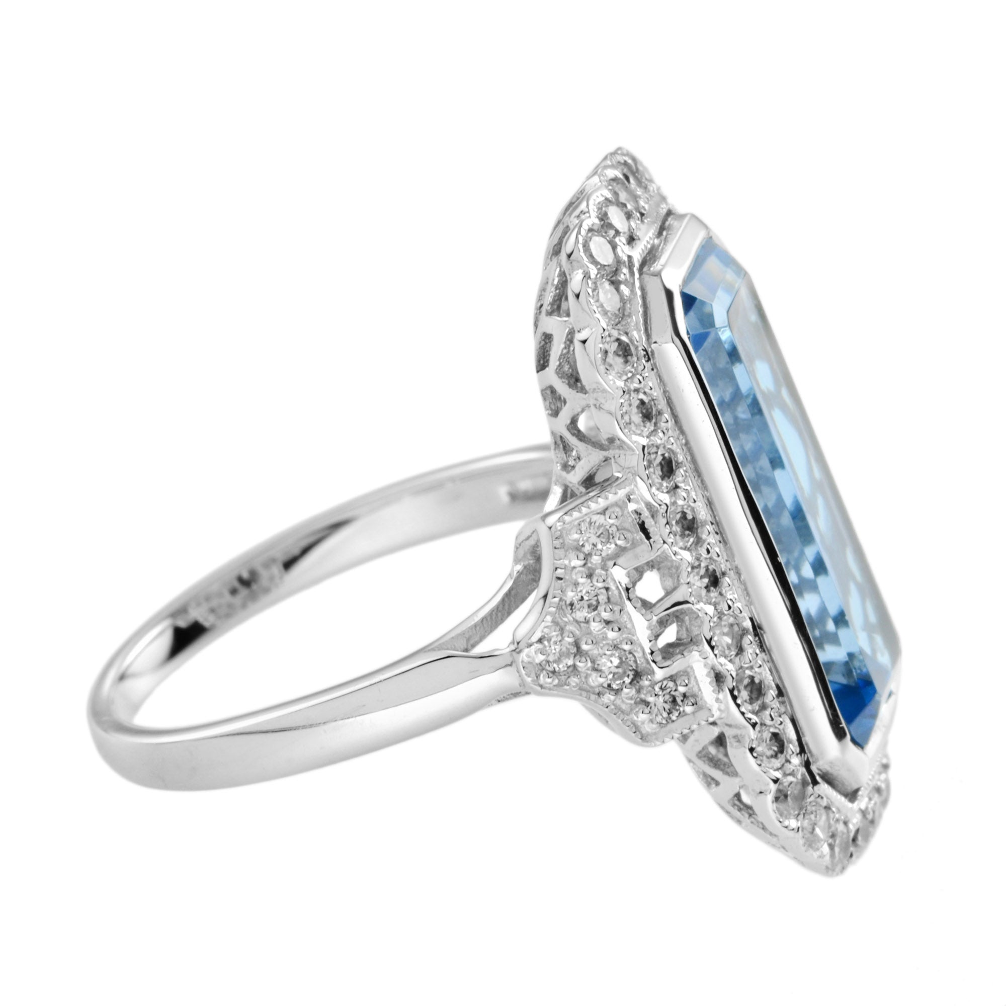 Elongated Emerald Cut Blue Topaz & Diamond Halo Set 14K White Gold Ring