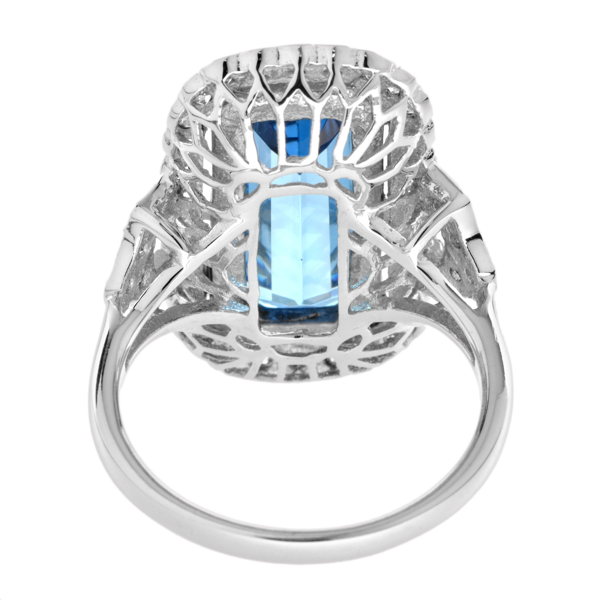 Elongated Emerald Cut Blue Topaz & Diamond Halo Set 14K White Gold Ring
