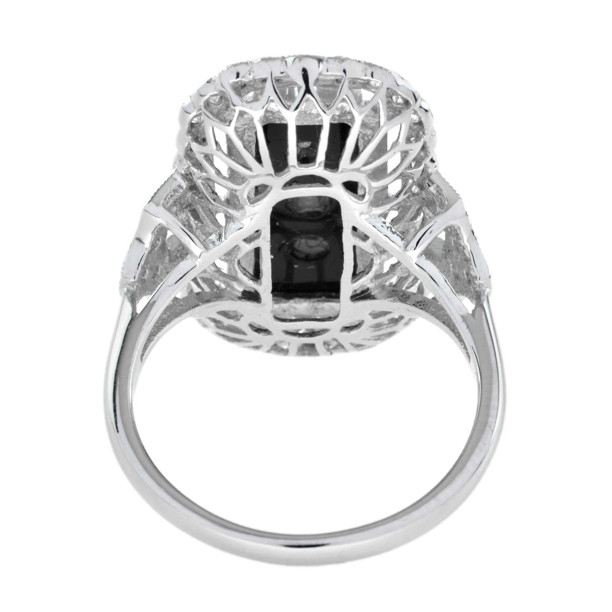 Art Deco Style Diamond & Black Onyx Shield Halo Set White Gold Ring