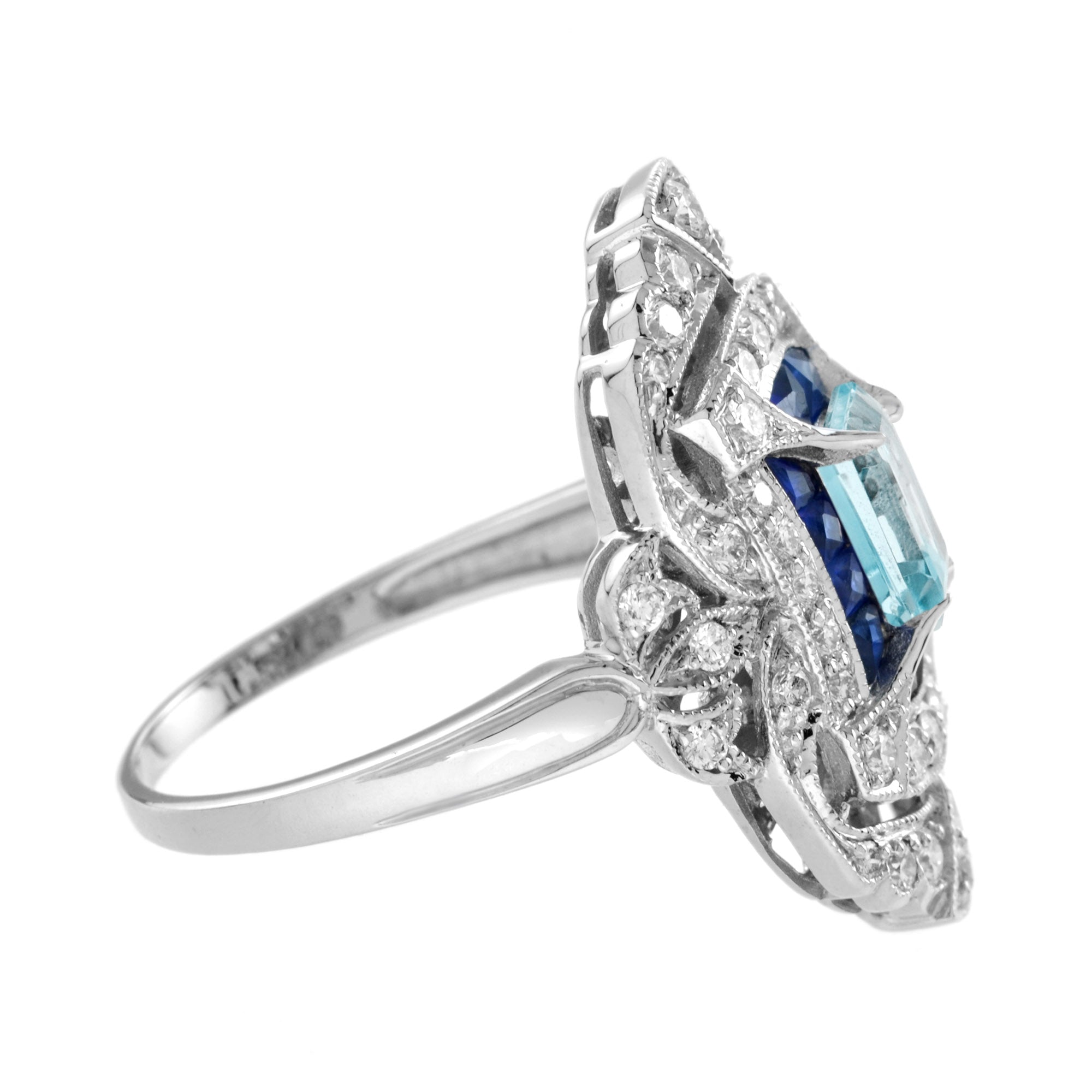 Blue Aquamarine Blue Sapphire Diamond Edwardian Style 18K White Gold Ring