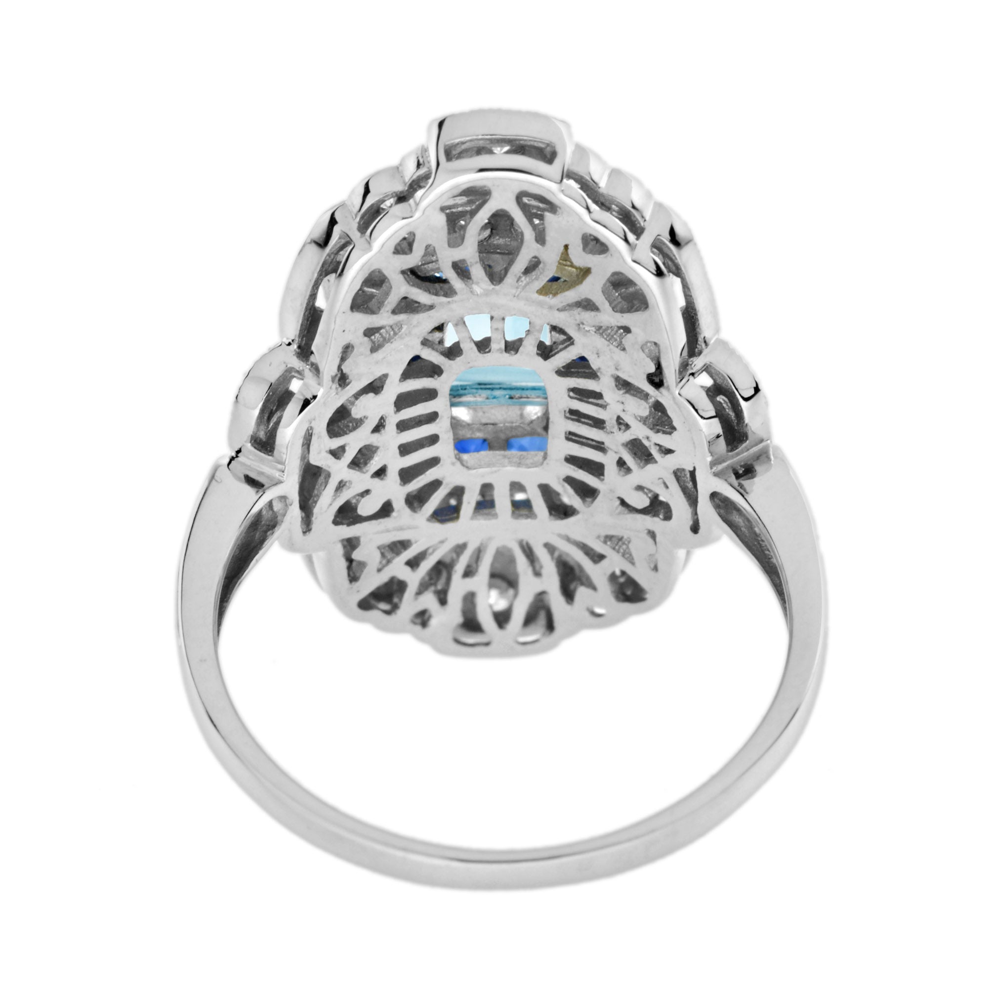 Blue Aquamarine Blue Sapphire Diamond Edwardian Style 18K White Gold Ring