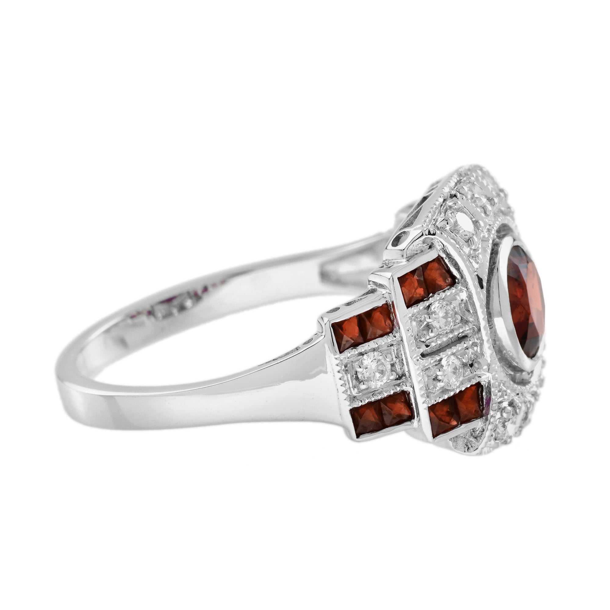 Round Red Garnet & Diamond Vintage Inspired Art Deco Style White Gold Ring