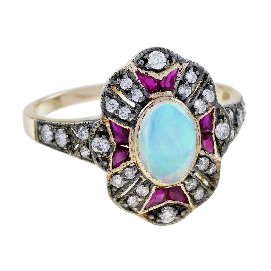Oval Opal & Ruby and Diamond Art Deco Style Halo Set Yellow Gold Ring