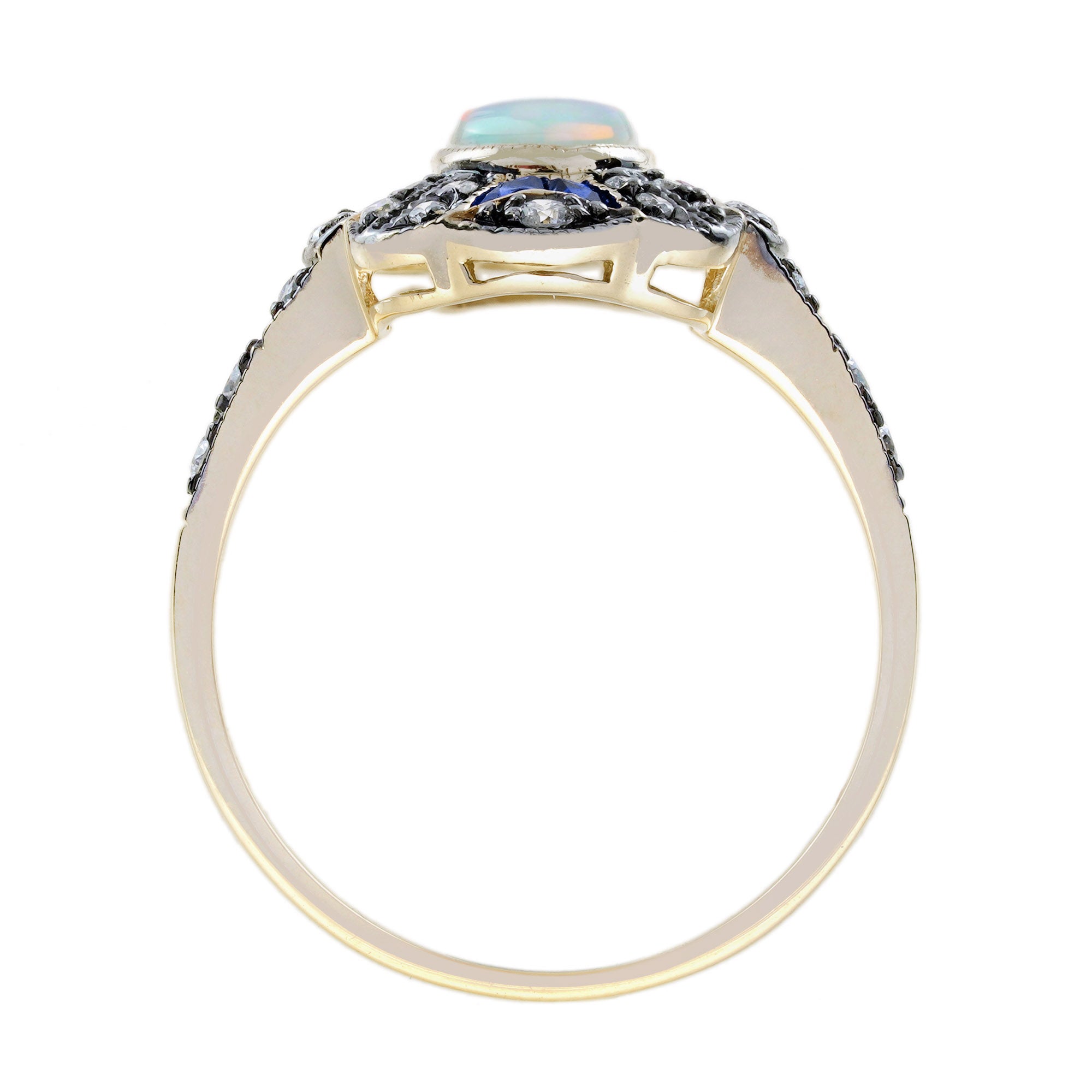 Oval Opal & Sapphire and Diamond Art Deco Style Halo Yellow Gold Ring