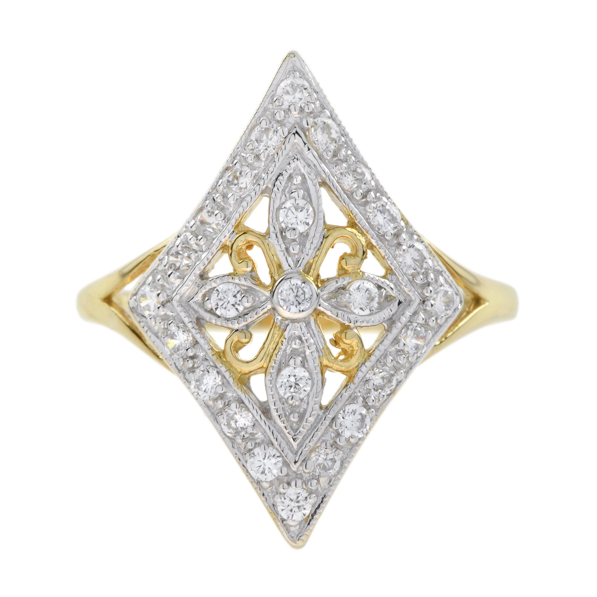 Vintage Style Diamond Floral Diamond Shape Filigree 14K Yellow Gold Fleur Ring