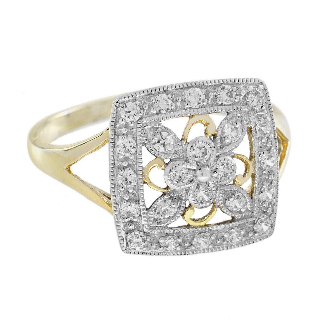 Diamond Vintage Style Floral Cluster Square Ring in Two Tone Gold