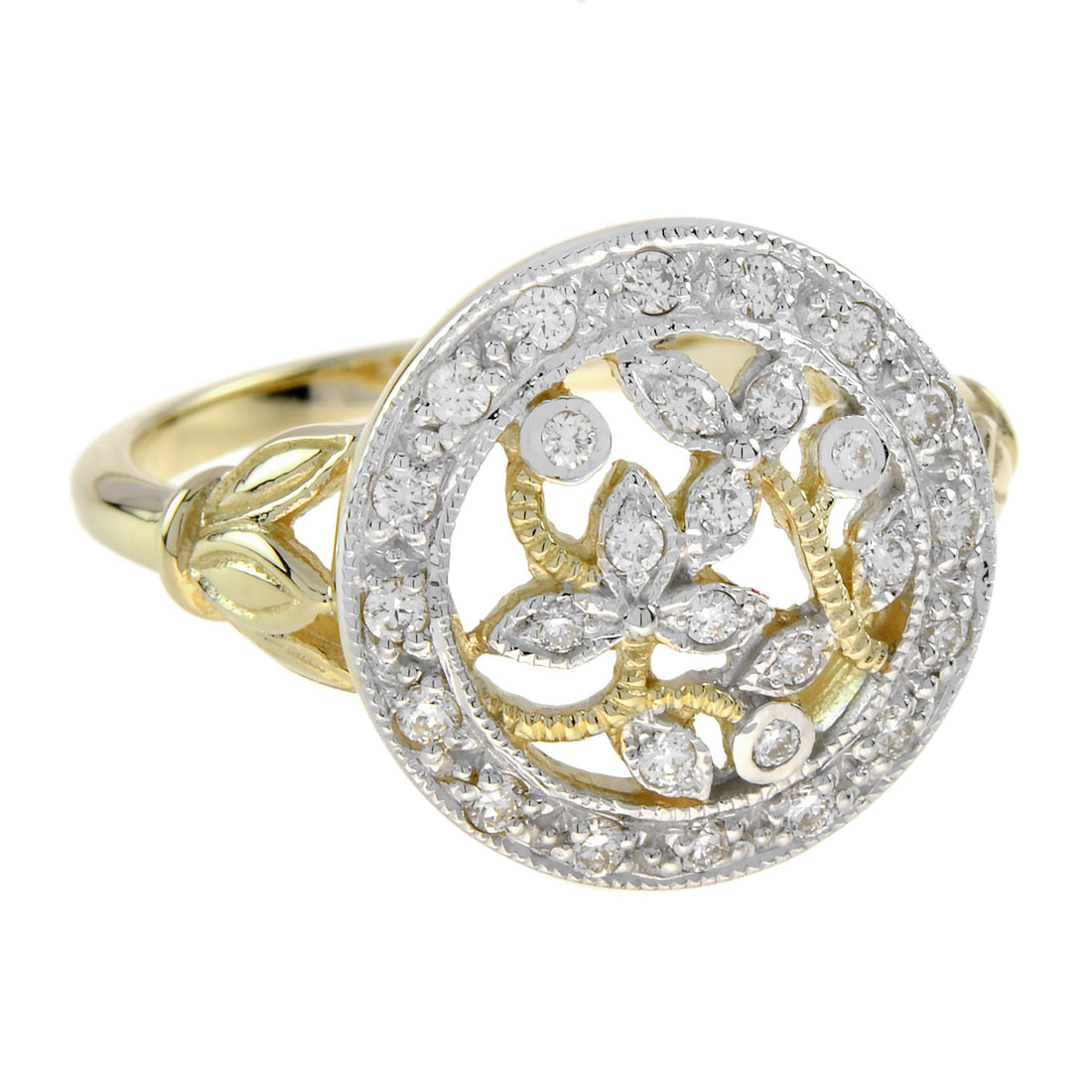 Diamond Cluster Floral Leaves Filigree Vintage Style Yellow White Gold Ring