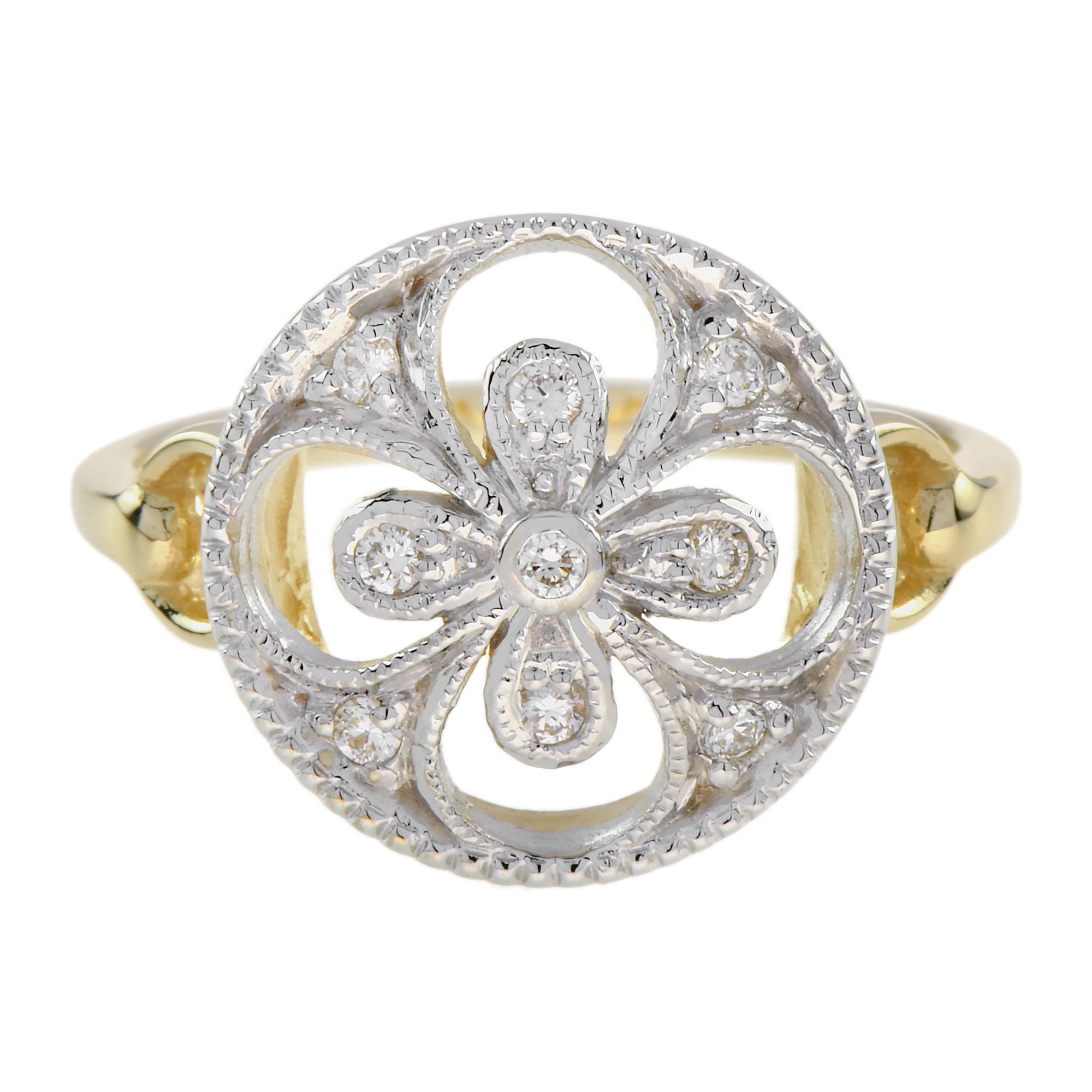 Diamond Cluster Floral Clover Alhambra Vintage Style White Yellow Gold Ring