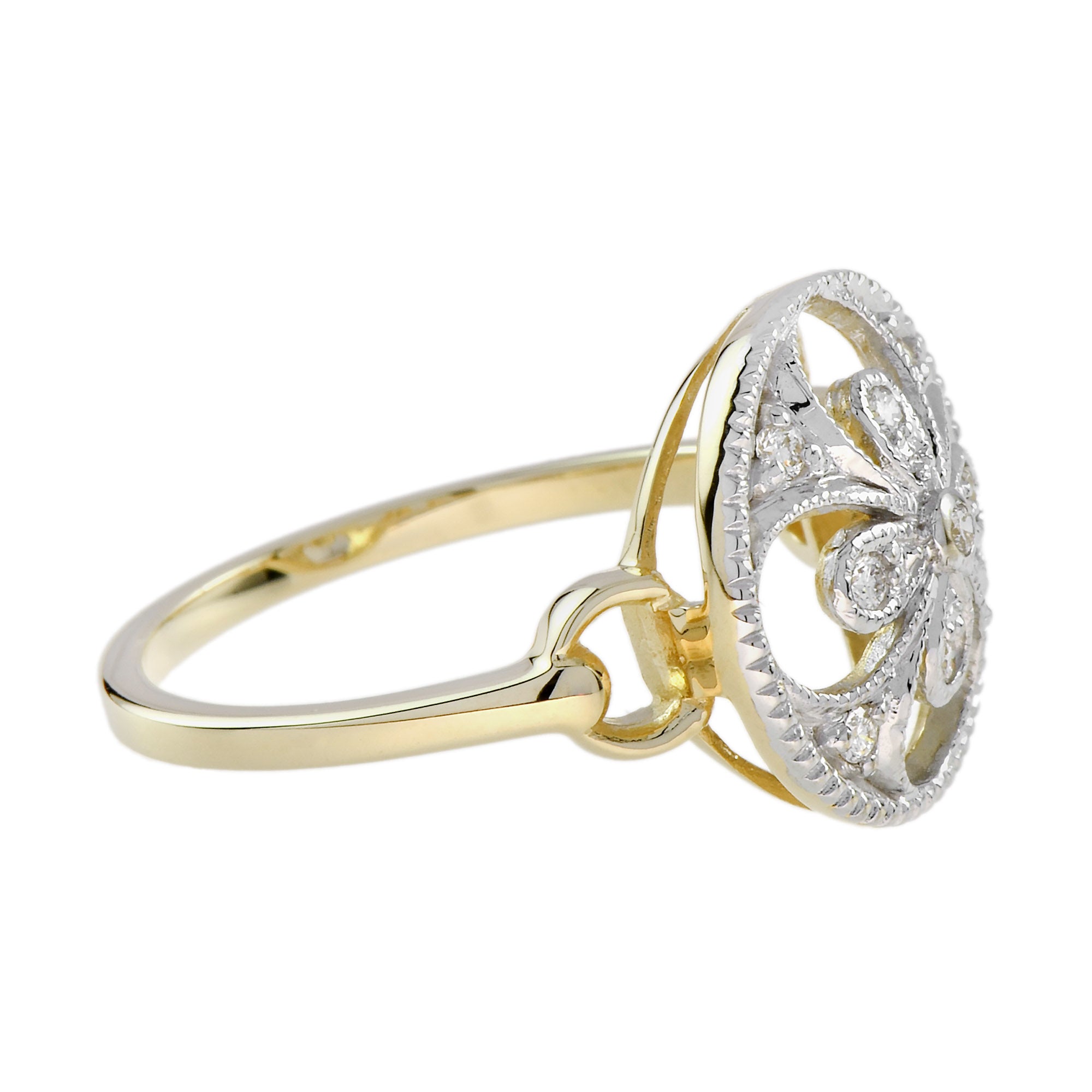 Diamond Cluster Floral Clover Alhambra Vintage Style White Yellow Gold Ring