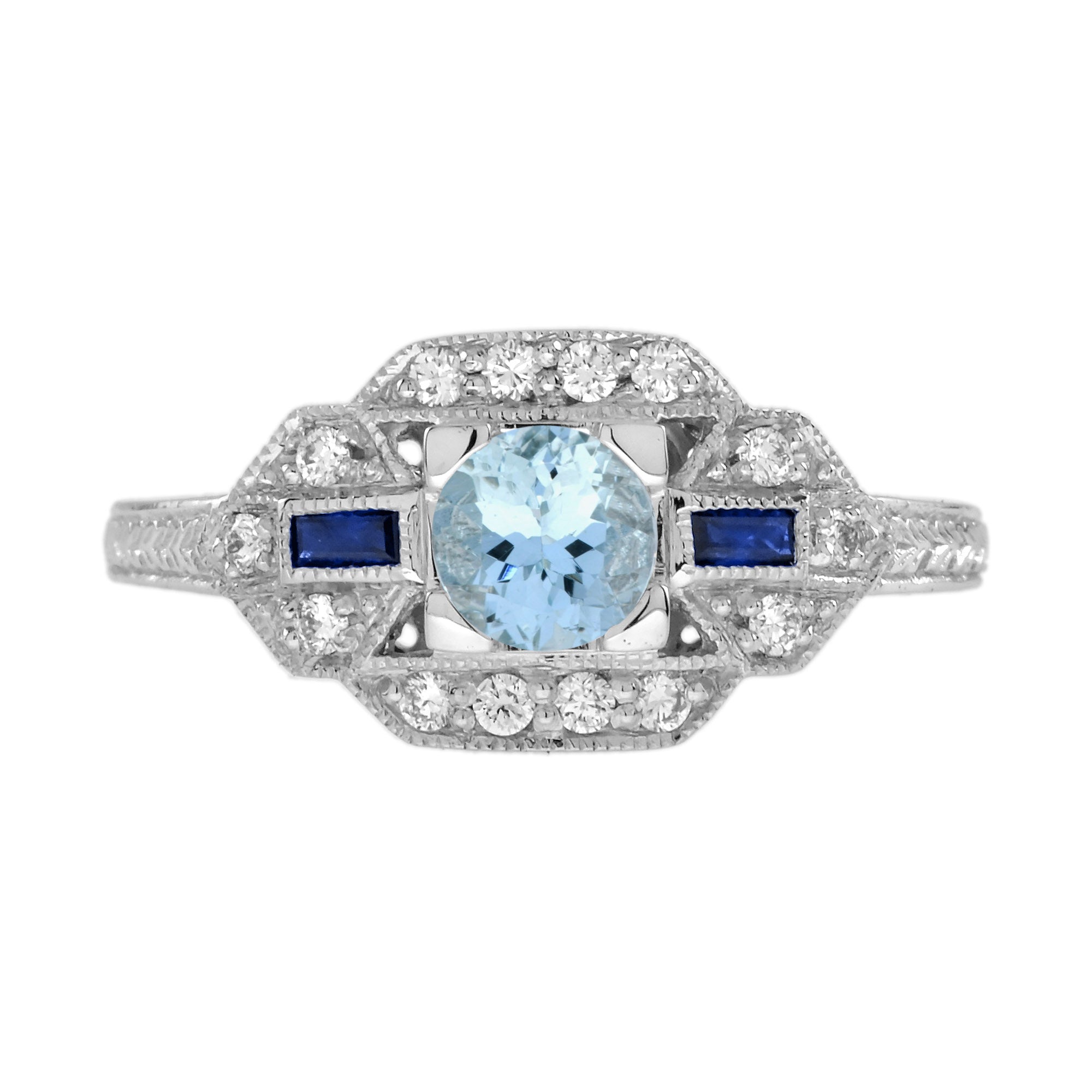 Blue Aquamarine & Sapphire Diamond White Art Deco Style White Gold Ring