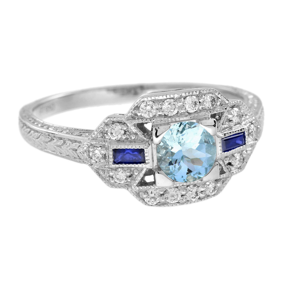 Blue Aquamarine & Sapphire Diamond White Art Deco Style White Gold Ring