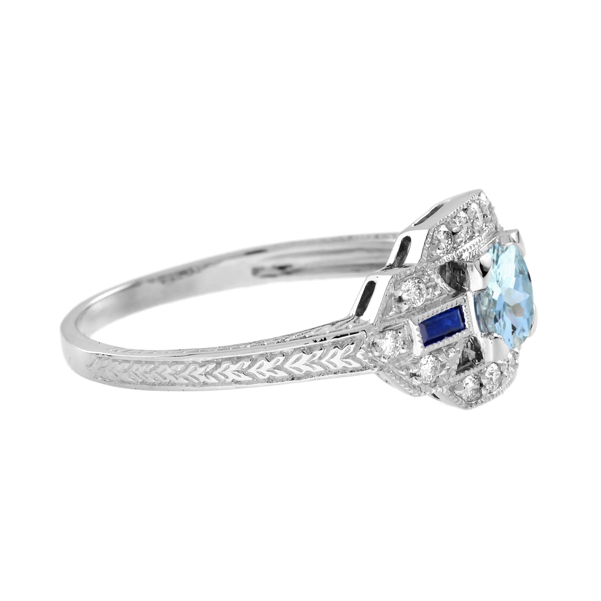 Blue Aquamarine & Sapphire Diamond White Art Deco Style White Gold Ring