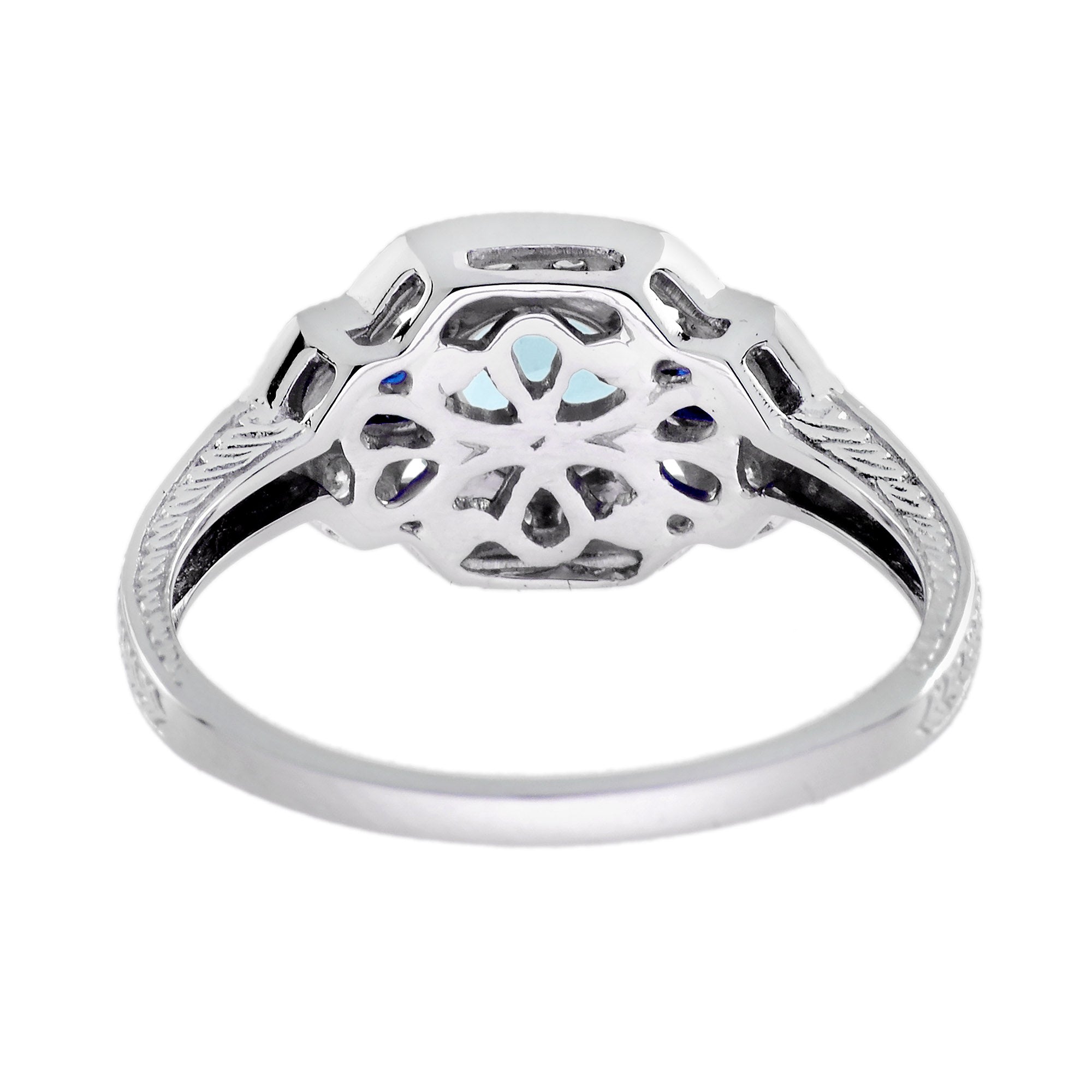 Blue Aquamarine & Sapphire Diamond White Art Deco Style White Gold Ring