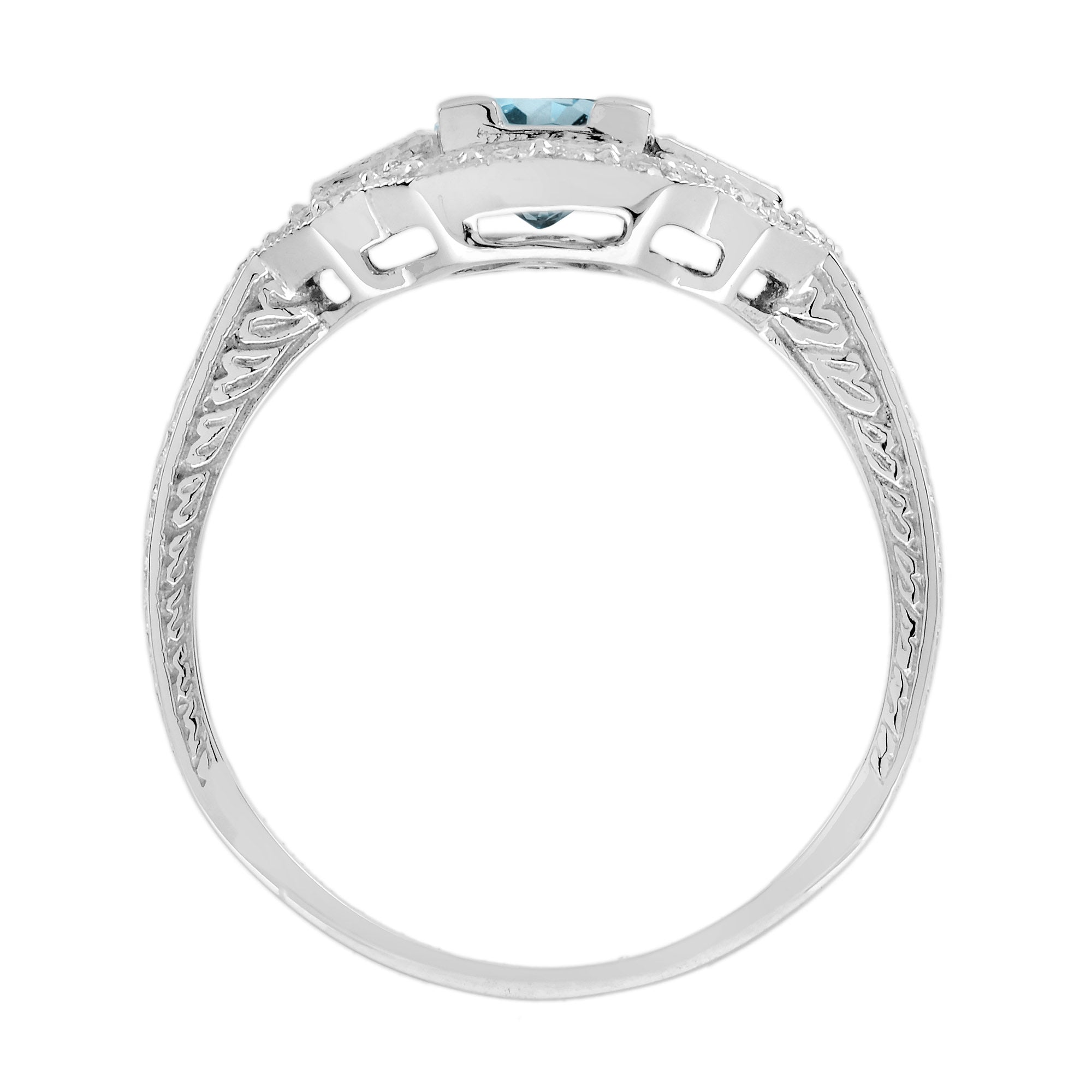 Blue Aquamarine & Sapphire Diamond White Art Deco Style White Gold Ring