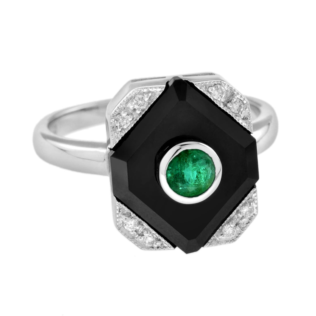 Green Emerald Black Onyx Diamond Art Deco Style Square Shape White Gold Ring