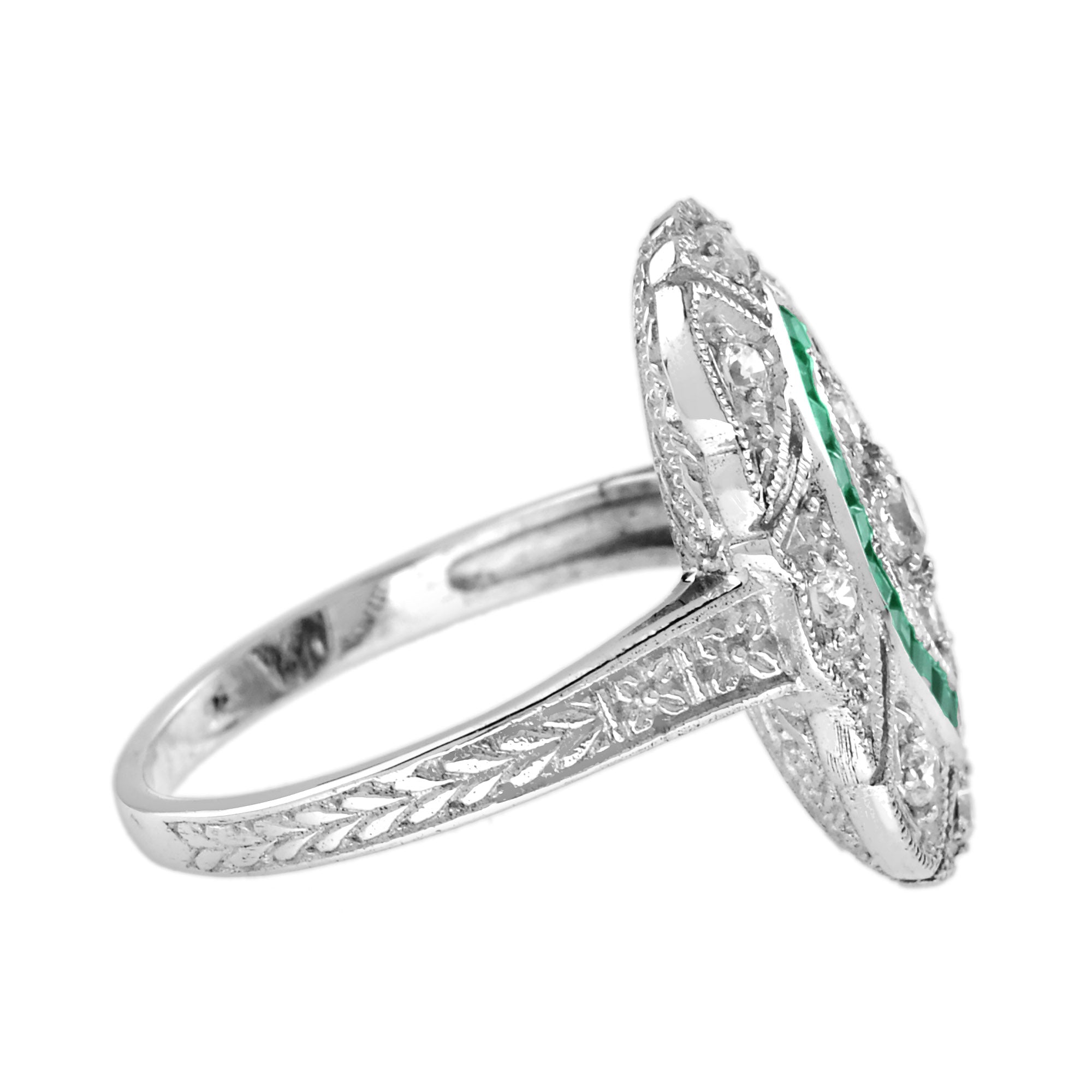 Diamond & Green Emerald Halo Set Art Deco Style White Gold Ring