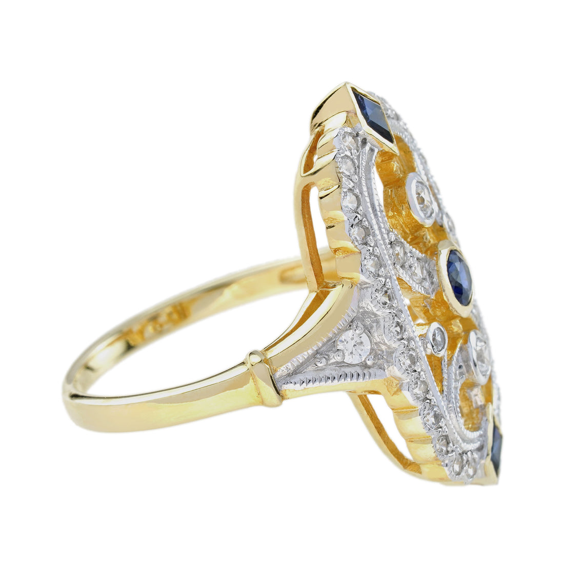 Blue Sapphire Diamond Vintage Style Filigree 14K White Yellow TwoTone Gold Ring