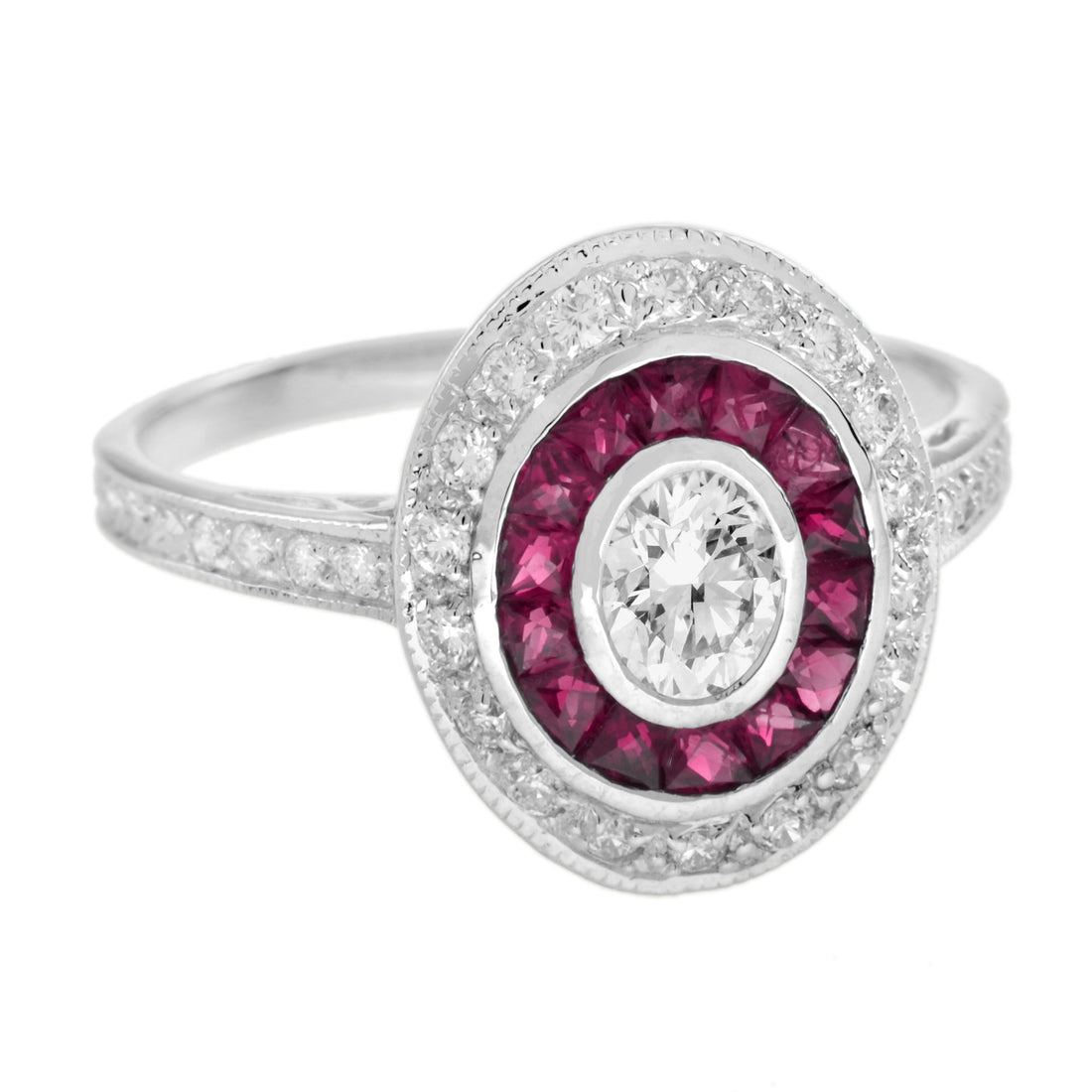 Diamond & Ruby Art Deco Style Halo Set Vintage Inspired 14K White Gold Ring